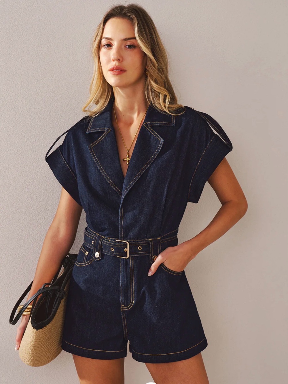Commense Denim Belted Collar Romper - Large